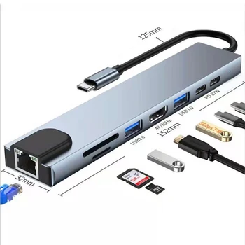 C típusú Extender 8 az 1-ben USB HUB Laptop HDMI Átalakító USB-C-USB 3.0 2.0 Lemez Ethernet Kábel, OTG kártyaolvasó Töltő Dokkoló