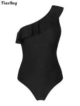 TiaoBug A Nők A Tiszta Színű, Egyrészes Úszás Kezeslábas Aszimmetrikus Egyetlen Váll Ujjatlan Fodros Body Strand Fürdőruha