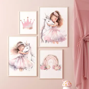 Rózsaszín Hercegnő Szivárvány Unicorn-Kastély Korona Egyéni Név Wall Art Vászon Festmény Poszter ＆ Nyomtatási Képek A Lány, Gyerek Szoba Dekoráció