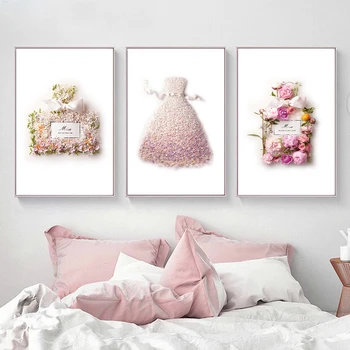 Divat Virág Ruha Nyomatok Blush Pink Virágos Parfüm Üveg Plakátok Északi Luxus Dekor, Fali Művészeti Vászon Festmény Lakberendezés