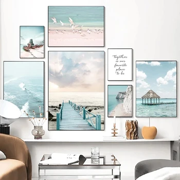 nyári kék strand sirály hullám seascape táj wall art nyomtatás, valamint az északi poszter nyomtatás Falon Képek az otthoni Dekoráció