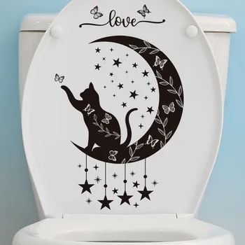 Rajzfilm fekete macska wc fedelét, dekorációs matrica meleg eladási csillag szöveg fürdőszoba cserélhető beautificatio