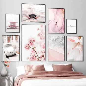 Rózsaszín Sakura-Tenger Parton Lány Autó Táj Wall Art Vászon Festmény Északi Plakátok Lakberendezési