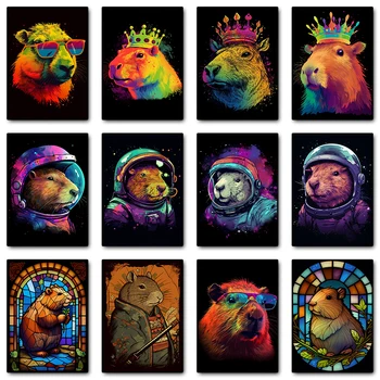 Vicces Állatok a Vízidisznó Űrhajós Capibara Portré Poszter Vászon Festmény Nyomtatás Wall Art Képek Nappali lakberendezés