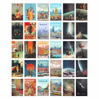 10db Retro Tér Álom Plakátok, DIY, lakberendezés Kártyák Esztétikai Rajzfilm Városok Nyomatok Art Festmény, Képek Szoba Bár Tanulmány Freskó