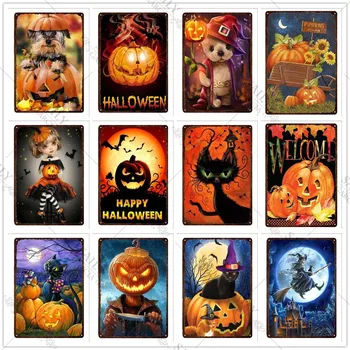 Boldog Halloween Fém Nyomtatás Lemezek Halloween Tök Horror Boszorkány Fém Adóazonosító Jel Plakkok Barlang Pub, Bár Jele, Fém Plakátok