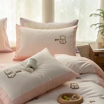 100 hosszú-vágott pamut pamut négy darab aranyos hímzett nyúl pamut szatén ágynemű takaró fedél ágynemű