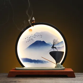 Kerámia Backflow Füstölő Vízesés Kínai Füstölő Tartót A LED 20db Füstölő Kúp Otthoni Irodai Dekoráció