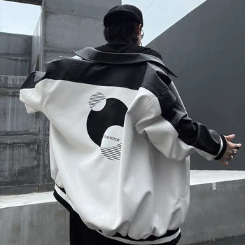 A Hip-Hop Amerikai High Street Bőr Kabát Őszi-Téli Unisex Kontrasztos Színű Varrás Baseball Motoros Kabát
