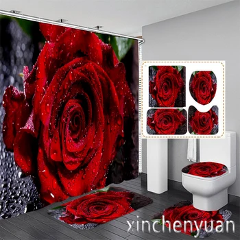 Vörös Rózsa 3D Nyomtatás Vízálló Fürdőszobában Zuhanyzó Függöny Wc Fedő Matrac Csúszásmentes Szőnyeg Szőnyeg (1/3/4db) W18