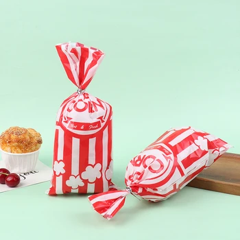 50Pcs Műanyag Piros Függőleges Sáv Popcorn Műanyag Táska Hó Ropogós Nugát Keksz Kenyér Táska Alkalmi süteményekben Táska Születésnapi Party