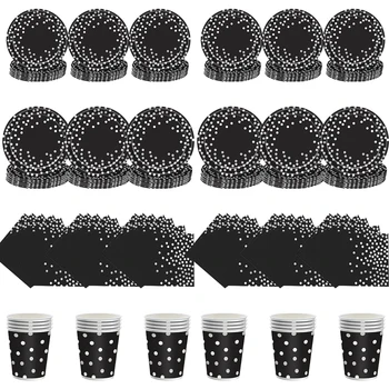 Fekete dögös ezüst pontokat Meghatározza Szülinapi Party Dekoráció Zuhany Fiúk Lányok Asztali Készletek Terítő Léggömb Torta Topper Szalma