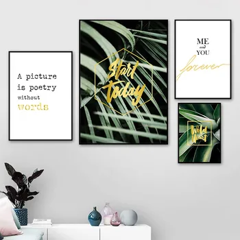 Skandináv Minimalista Zöld Növény Levelei Művészeti Vászon Festmény Plakátok Arany Idézetek Nyomtatja A Kép Nappali Lakberendezés